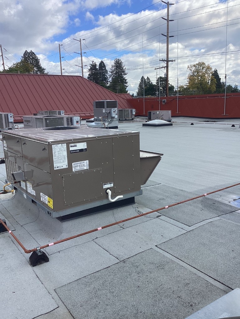 Rooftop heating and cooling units on a commercial building